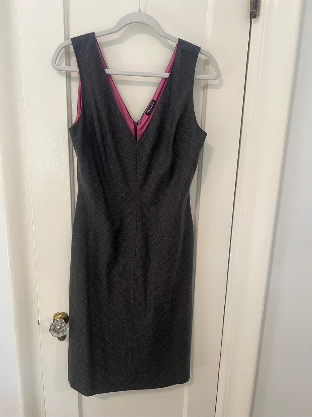 Sleeveless V-Neck Sheath Grey Wool Dress with Pink Lining and Stretch.